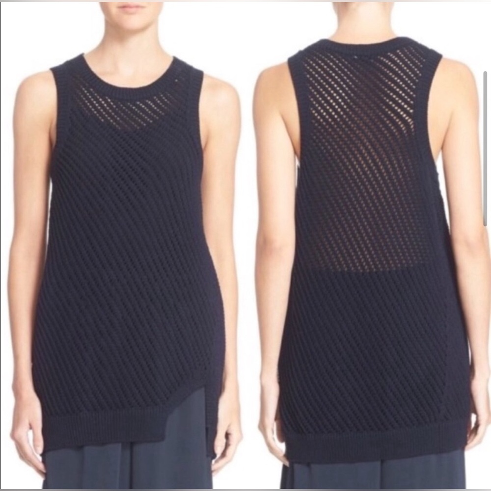 Vince Open Knit Crochet Tunic Top/Sleeveless Mesh sweater in XS, Navy blue